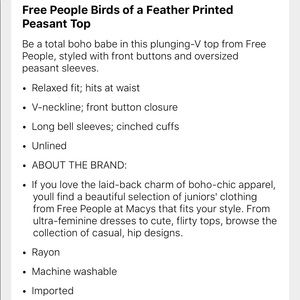 Free People Tops - Free People Birds of a Feather Peasant Top Sz:M Free People Tops - Free People Birds of a Feather Peasant Top Sz:M